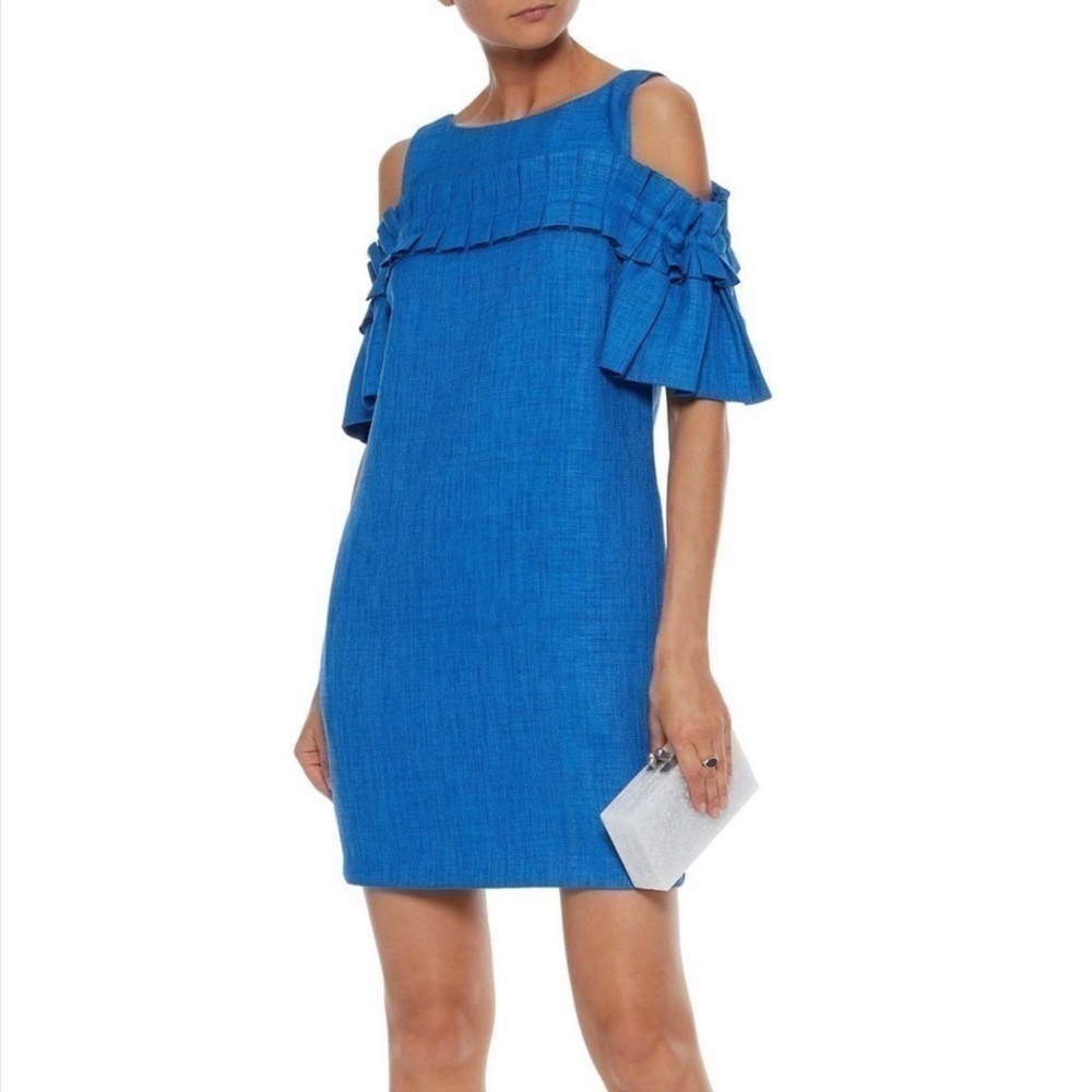 Badgley Mischka Blue Ruffle Sleeve Cold Shoulder woven dress size 4